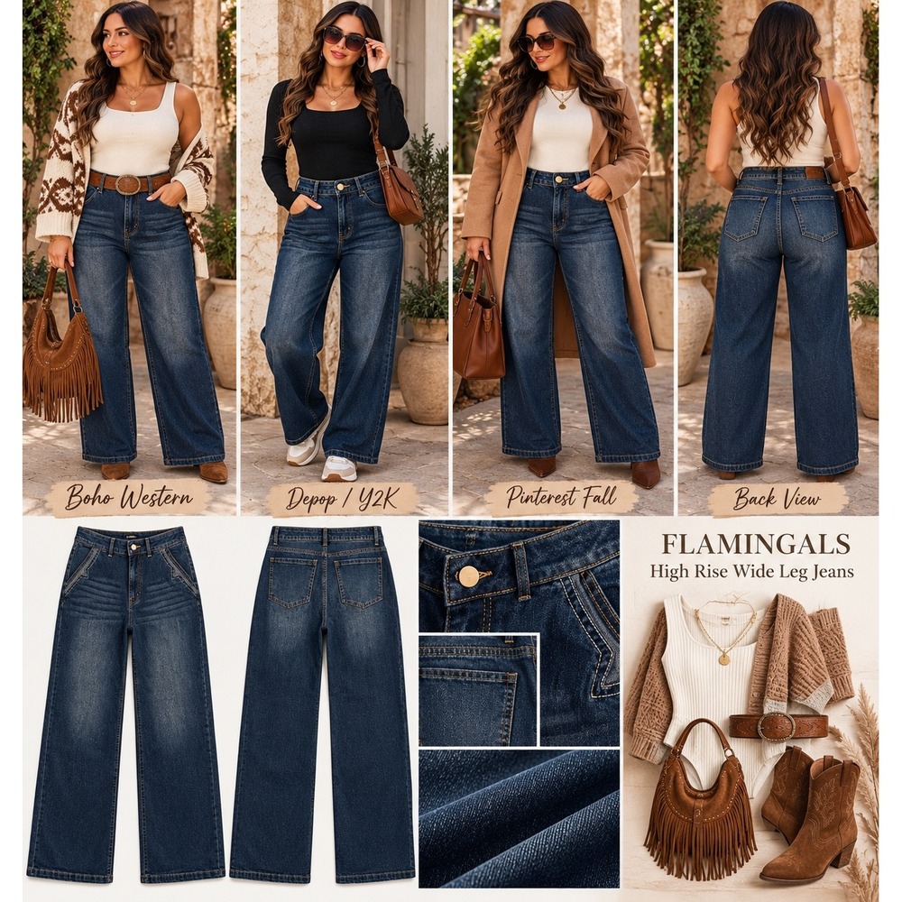 Flamingals Womens Dark Wash Wide Leg Jeans High Rise Stretch Denim Size L New